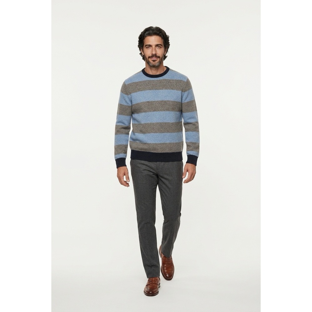 Express Men XL Lambswool Striped Crewneck Sweater Blue Grey Normcore Preppy Cozy